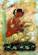 Maiden offering Food, Ajanta cave painting, acrylic 22 x 15in